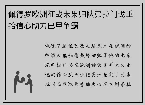 佩德罗欧洲征战未果归队弗拉门戈重拾信心助力巴甲争霸 佩德罗欧洲征战未果归队弗拉门戈重拾信心助力巴甲争霸